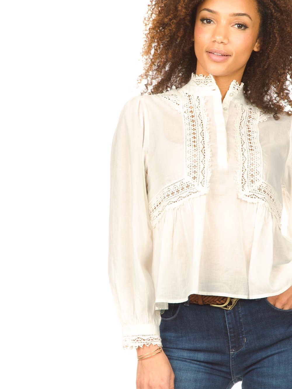 ba&sh Broderie Selma White Lace Victorian-Inspired Cotton Blouse